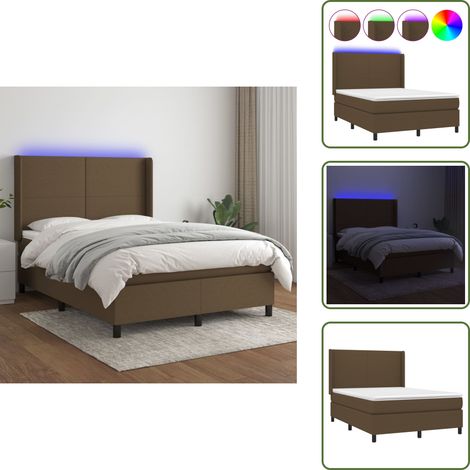 Sommier à lattes de lit matelas et LED Marron foncé 140x190 cm - Sommier Tapissier - Lit Plateforme - Lit Avec Rangement - Matelas À Ressorts Ensachés - Éclairage Led (1/5)