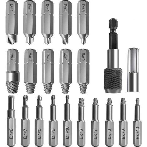 Kit extracteurs vis cassées 22 pièces HSS 4341 acier allié, 2 forets + adaptateur magnétique, extraction boulons endommagés (1/5)