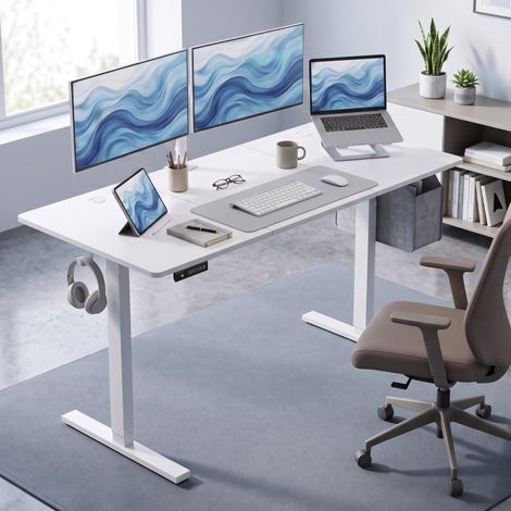 Escritorio elevable eléctrico blanco 140 x 60 cm con memoria LED, 2 pasacables y ganchos laterales, altura regulable 72-118 cm para oficina y teletrabajo  CHICFURN (1/5)