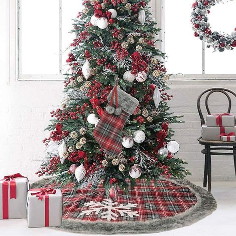 christmas Tree Skirt, Tree Foot Cover, 120cm/48 Inch Plaid Christmas Tree Skirt Christmas Tree Rug With Thick Faux Fur Edge Skirt For Christmas De (1/4)