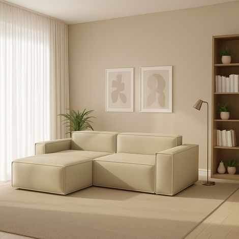 Dmora - Festes Sofa Dkivil, Modulares 2-Sitzer-Sofa mit linker Halbinsel, 100% Made in Italy, Modernes Sofa aus Stoff, Cm 220x170h70, Beige (1/5)