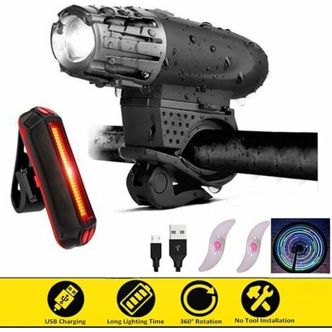 Luce anteriore e posteriore, ricaricabile, luce LED per bicicletta impermeabile con cavo USB, 4 modalità regolabili + 2 luci a ruota libera (1/5)