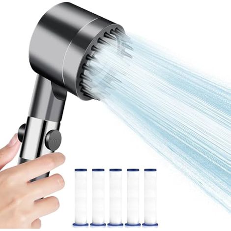 Pomme de Douche Haute Pression, Economie d'Eau,Pommeau Douche anti Calcaire avec Filtre, Douchette Salle de Bain Poire de Douche, Douche à Main Massage avec 3+1 Modes, Bouton d'Arrêt (1/4)