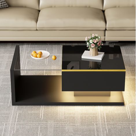 Mesa de centro 90x50x32.5 cm negra en aglomerado con vidrio templado y LED regulable (1/5)