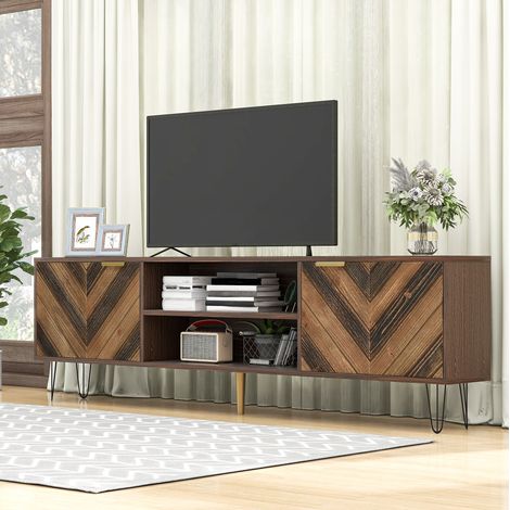 TV-Lowboard 155x38x48 cm Natur aus Spanplatte mit 2 Türen, Holzfurnier und Eisenfüßen (1/5)