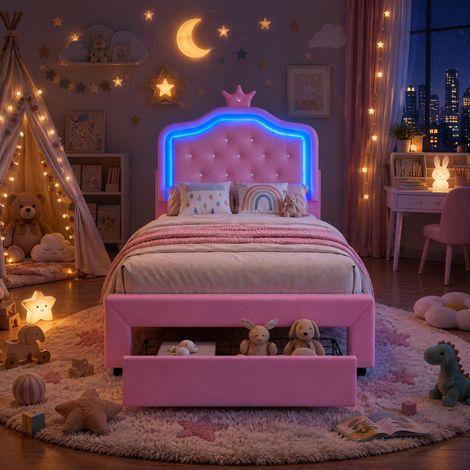 JOOKGBD–Letto per Bambini 90x200 cm,Letto Singolo Imbottito,Corona da Principessa,Illuminazione LED,Cassetti,Testiera Regolabile,Rete a Doghe,PU,Rosa