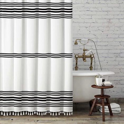 Rideau de douche noir et blanc à pompons, style champêtre, épais, 183 x 183 cm (1/5)