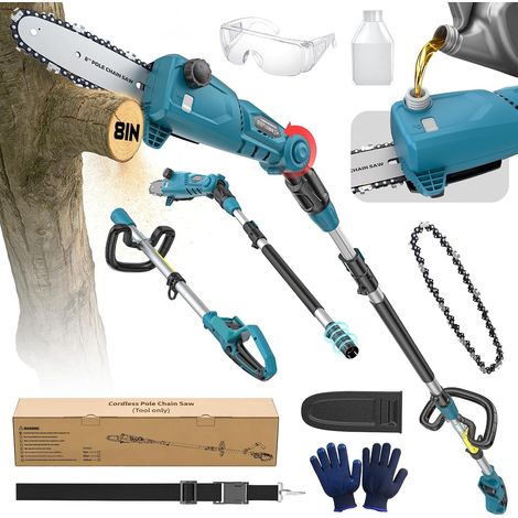 Elagueuse sur Perche Compatible avec Batteries 18V, Tronçonneuse 8 Pouces, Perche Télescopique 2,1 à 2,7m, Lubrification Auto, Tête Coupe Inclinable 0 à 45°(Outils Uniquement)-Bleu (1/5)