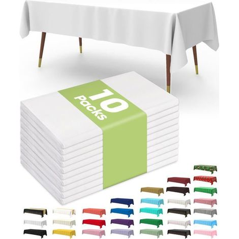 Lot de 10 nappes plastique jetables 137x274 cm – Rectangulaires, blanches – Pour fête, banquet (1/5)