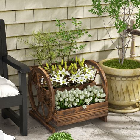 Jardinera de Madera Macetero Exterior de 3 Niveles Diseño de Escalera Orificios de Drenaje 61x62x57 cm Carbonizado