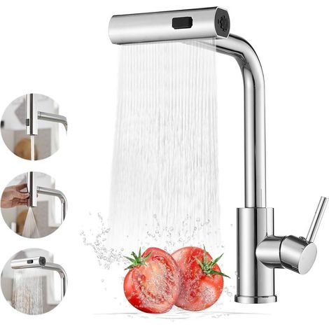 Robinet Cuisine Cascade – Rotatif 360°, Douchette – Levier Unique, 3 Modes – Acier Inoxydable, Argent Électrolytique (1/5)