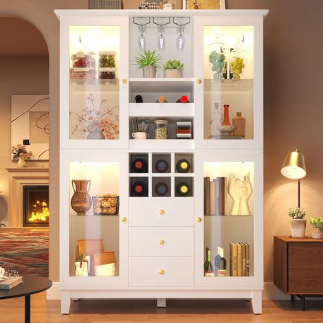 Armoire à vin avec éclairage LED contrôlé par application,180,5x120x40cm,3 tiroirs,verre à vin et porte-bouteille,noir/blanc(MI) (1/5)