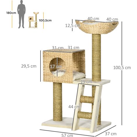 Arbre à chat avec niche, poteaux à griffer en sisal, coussins lavables, 100,5 cm (H) x 57 cm (L) x 37 cm (l), blanc/naturel (1/5)