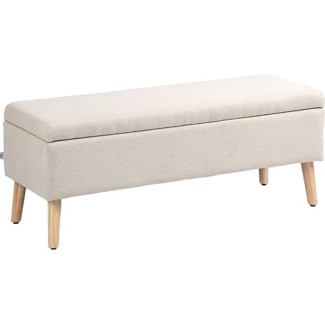 Panca contenitore imbottita beige 110 x 39 x 45 cm con effetto lino e gambe in legno (1/5)