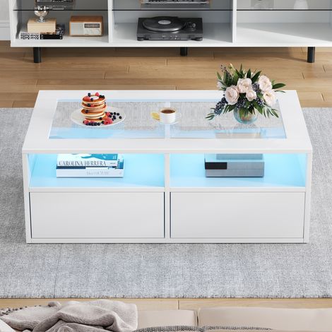 Table basse LED 100 x 50 x 35 cm blanc he plateau verre trempé 2 tiroirs 2 niveaux rangement ouvert app salon moderne chic (1/5)