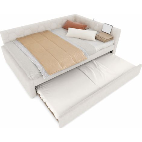 Lit banquette 140x200 cm avec lit gigogne, lampe de chevet, ports USB et Type-C, revêtement velours doux, blanc, structure MDF - CHICFURN (1/5)