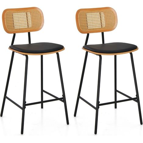 Faux Leather Bar-Height Stools with Rattan Backrest for Bar Counter-Black (1/5)