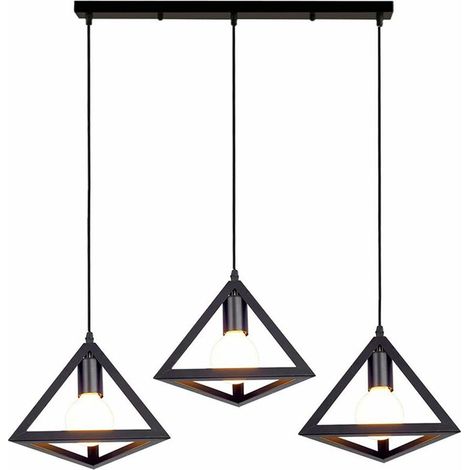 Suspension Industrial Cage Triangle avec Barre 3 Lampes E27, Lustre Abat Jour Art Géométrique Plafonnier Vingate en Métal Chambre Cuisine Noir BLOW (1/4)