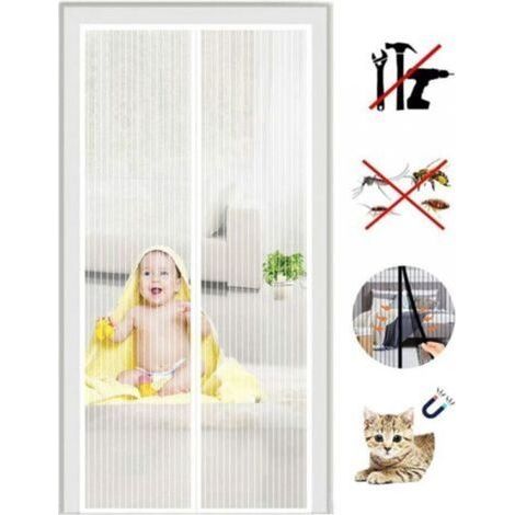 Moustiquaire pour porte 120 x 210 cm – rideau anti-mouches blanc avec fermeture magnétique automatique et kit d’installation adhésif (1/3)