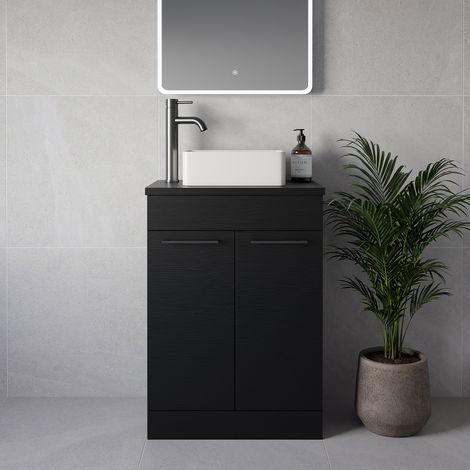 Napoli 390 Nero Oak 600mm 2 Door Vanity Unit for Countertop Basins - 600mm - Gunmetal Grey 160mm Handle
