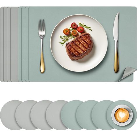 Juego de 8 manteles individuales de piel sintética de doble cara con reverso de cristal, 45x30 cm, lavables e impermeables, color verde, para uso en cocina/restaurante.