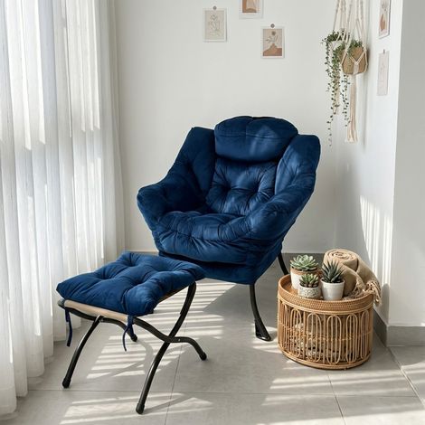 Fauteuil avec pouf, fauteuil relax avec accoudoirs, poche latérale et repose-pieds, fauteuil de salon, fauteuil TV, fauteuil à oreilles pour salon, chambre, bureau (bleu foncé) (1/5)