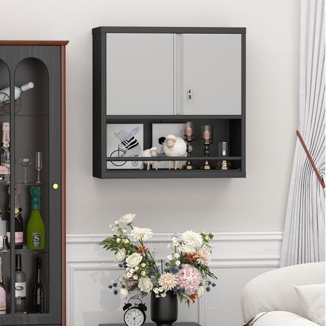 Armoire de rangement murale en acier, 2 portes, étagères réglables, noire, REDOM (1/5)