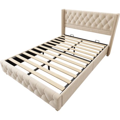 Lit polster 160x200 cm avec sommier à lattes et tête de lit en velours beige clair sans matelas (1/5)