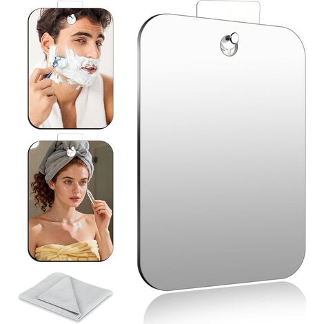 Miroir de douche anti-buée en acrylique incassable, miroir de rasage mural avec crochets, 20 × 25 cm, argent (1/5)