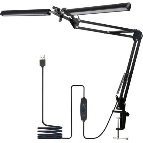 Lampe de Bureau LED, Double tête lampe bureau, 5 Modes de Couleur 5 Niveaux de Luminosité, Col de cygne flexible et Peu encombrante lampe pince, lampen de table, Noir (1/5)