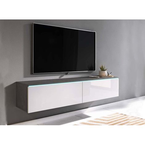 Meuble TV contemporain gris et blanc avec LED 2 portes MALORIE - (1/4)