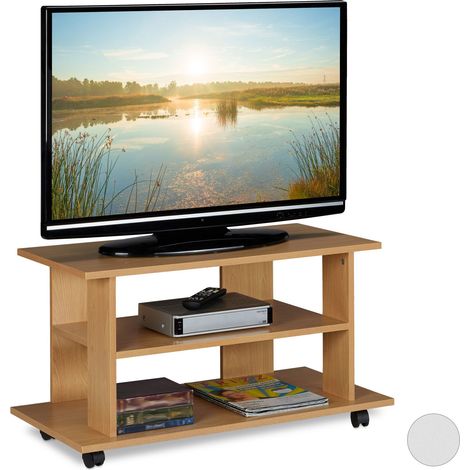 Relaxdays Mobiletto per la Televisione con Ruote, 2 Ripiani Decoder Console Porta TV HLP 45x80x40 cm, Legno Naturale (1/5)