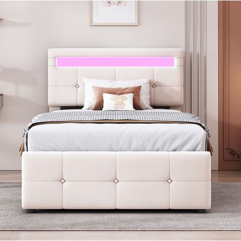 DESVIAE Lit enfant rembourré 90 x 200 cm avec LED rangement hydraulique tête de lit réglable beige (1/5)