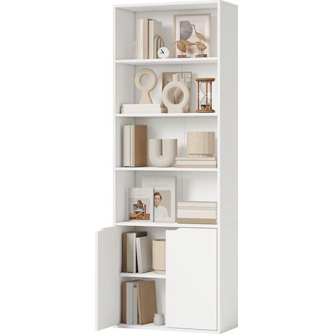 Bücherregal mit 4 offenen Fächern und 2 Türen, für Wohnzimmer oder Büro, 59 x 29 x 180 cm, Weiß