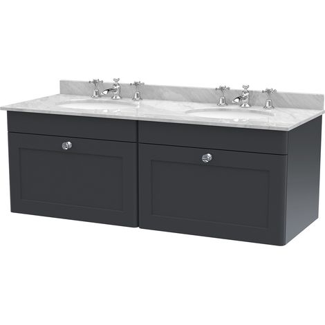 Nuie Classique Satin Soft Black 1200mm Wall Hung 2 Drawer Vanity Unit with Grey Marble Countertop and 2 Round Basins with 6 Tap Holes - CLC1494GR6 (1/2)