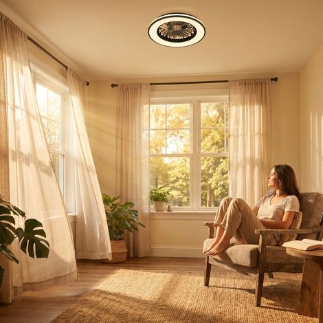 Briloner Ventilateur de plafond LED – plafonnier moderne avec lumière réglable (3000K-6500K), 5 vitesses, télécommande, noir, Ø48,5 x 14,5 cm