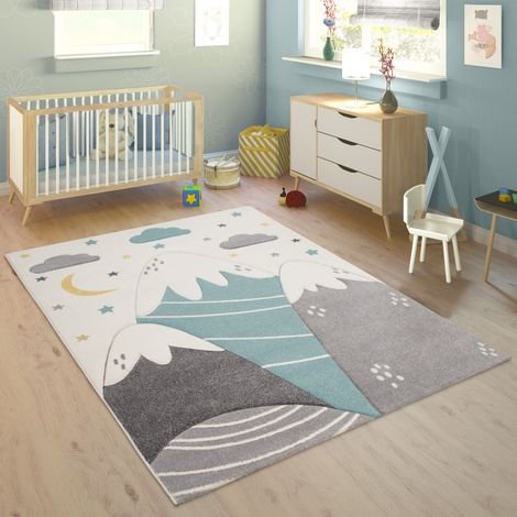 Paco Home Kinderteppich Kinderzimmer Pastell Blau Grau Berg Mond Sterne Strapazierfähig 133 cm Quadrat