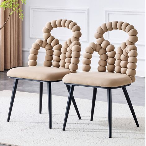 Esszimmerstuhl aus Samt in Camel mit Bobble-Open-Back und schwarzen Metallbeinen,48×50×86cm (1/5)