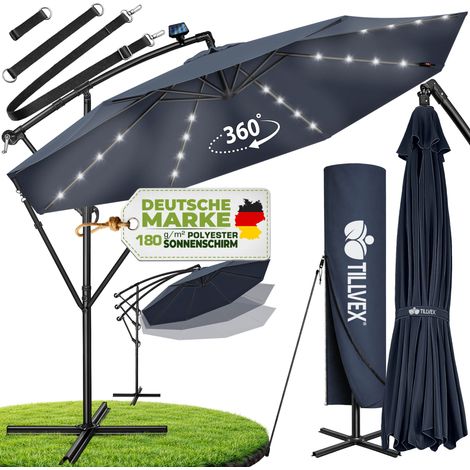 tillvex Alu Ampelschirm Blau LED Solar Ø 300 cm mit Kurbel Sonnenschirm mit An-/Ausschalter Gartenschirm UV-Schutz Aluminium Kurbelschirm mit Ständer Marktschirm wasserdicht