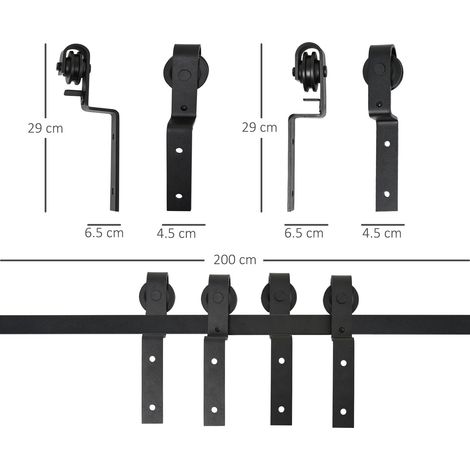 Système de porte coulissante en bois, rail de guidage avec 9 accessoires, acier carbone, noir (1/5)
