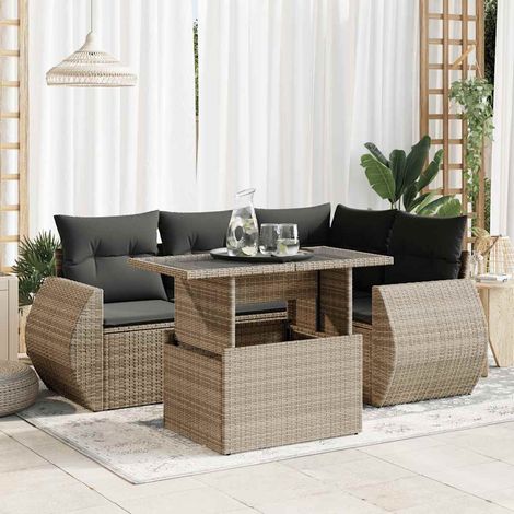 Salon de jardin 5 pièces en résine tressée gris avec coussins et table relevable, 54.8kg - PANGIVO (1/5)