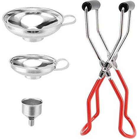 Set mit 4 Edelstahl-Küchentrichtern – 3 Edelstahltrichter mit Griff und Glasclip (14,7 cm, 10,3 cm, 3,5 cm) für Marmelade, Öl, Gewürze, Flüssigkeiten (1/5)