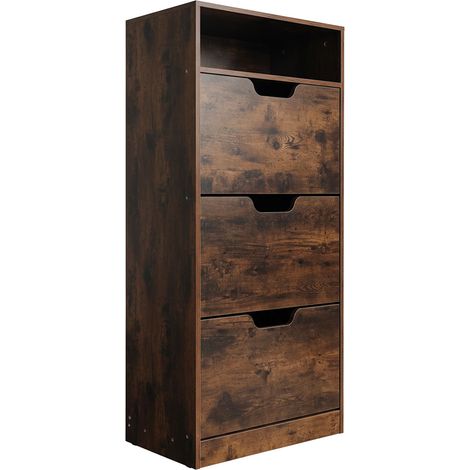 Relaxdays Schuhschrank mit Ablage, HBT: 140x60x24 cm, für 14 Paar, 3 Klappen, schmaler Schuhkipper, Industrial, braun