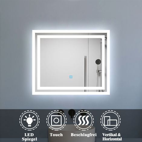 LED Badspiegel Wandspiegel mit Touchschalter IP44 60x50cm Anti-beschlage Kaltweiß 6000k Horizontal und Vertikal (1/5)