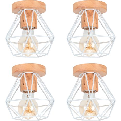 Lampada da Soffitto Interno Industriale Lampadario con Portalampada E27 in Ceramica Gabbia Diamante in Metallo e Legno Bianco 4PCS