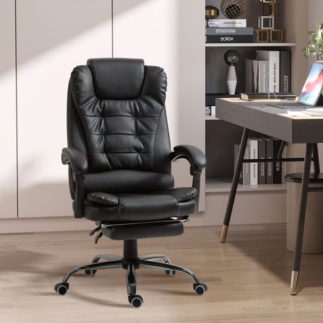 Silla de oficina ejecutiva ergonómica de cuero sintético con soporte lumbar, respaldo alto reclinable hasta 145°, giratoria, de altura ajustable y con reposapiés extraíble, color negro.