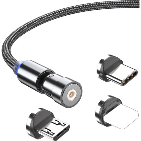 Cable de carga magnético 3 en 1 fabricado en nailon trenzado con indicador LED, compatible con iOS/Micro-USB/USB-C, negro, 1 m (1/5)