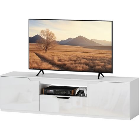 Meuble TV bas, finition laquée brillante, pour téléviseurs jusqu'à 65 pouces, 3 compartiments, tiroir, 160 x 38 x 43 cm, blanc (1/5)