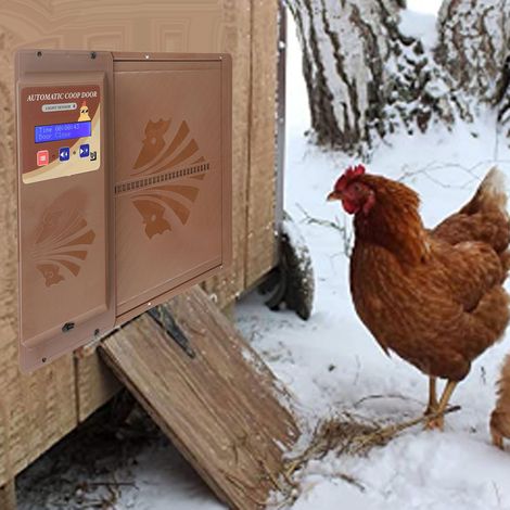 Puerta automática para gallinero, USB 3 en 1 con detección de luz y control remoto, horizontal, marrón. (1/5)