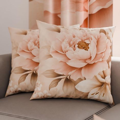 Lot de 2 Taies d'Oreillers 40x40 cm 100% Microfibre Hypoallergénique, Housse Oreiller Rectangulaire Motif Floral Beige Rose, Paquet de 2 (1/3)
